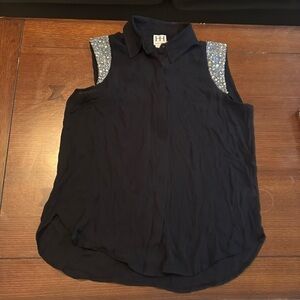 Haute Hippie Silk Black Button up Tank w/ Rhinestone Cap Sleeves. Medium